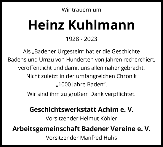 Traueranzeige von Heinz Kuhlmann von SYK