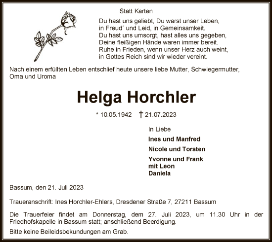 Traueranzeige von Helga Horchler von SYK