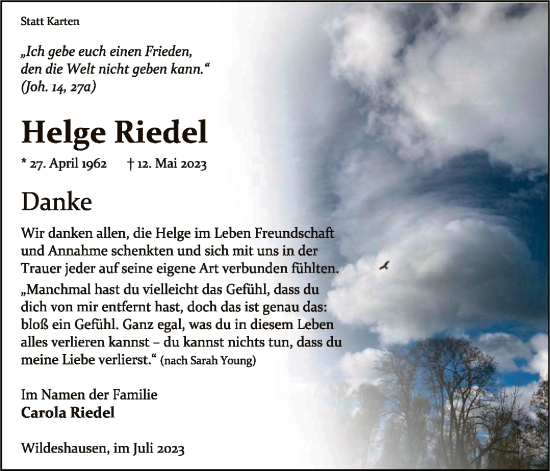 Traueranzeige von Helge Riedel von SYK