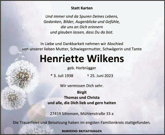 Traueranzeige von Henriette Wilkens von SYK