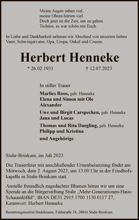 Traueranzeige von Herbert Henneke von SYK