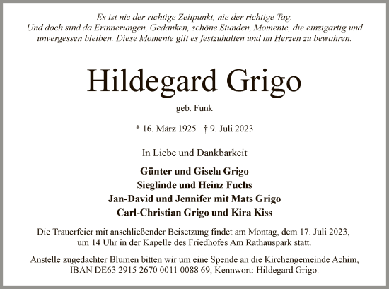 Traueranzeige von Hildegard Grigo von SYK