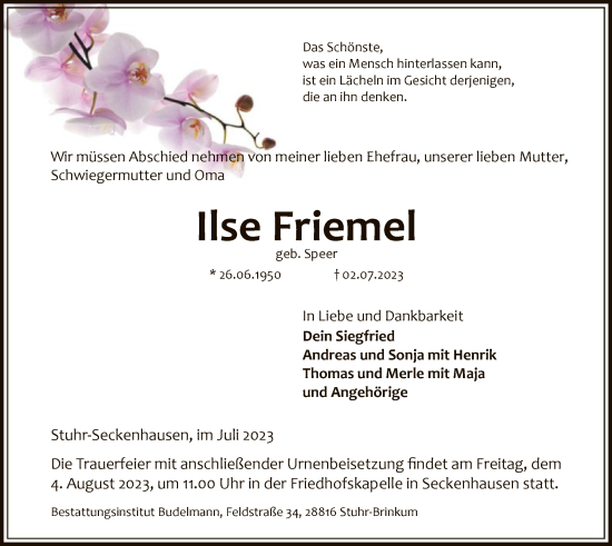 Traueranzeige von Ilse Friemel von SYK