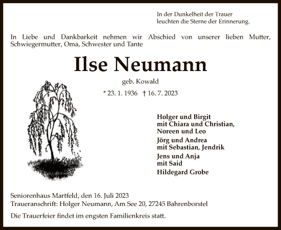 Traueranzeige von Ilse Neumann von SYK