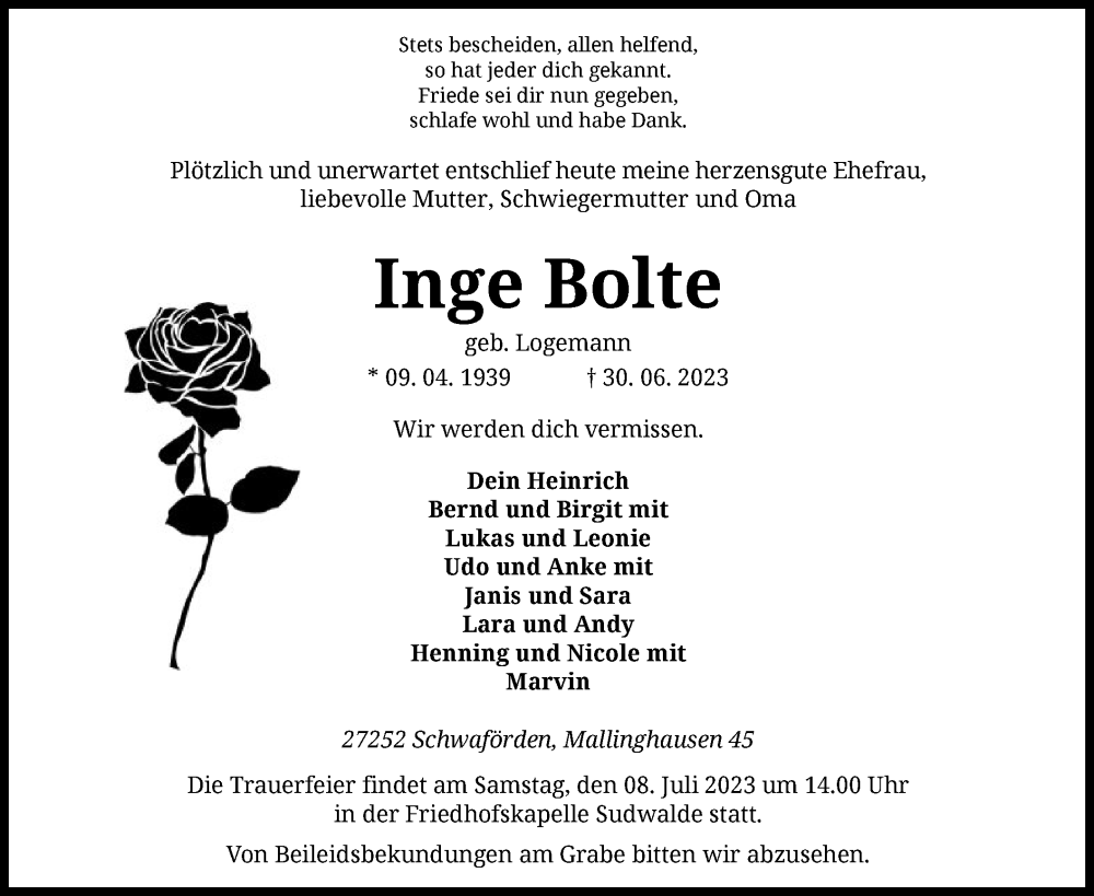  Traueranzeige für Inge Bolte vom 04.07.2023 aus SYK