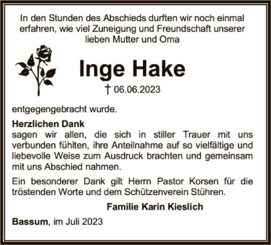 Traueranzeige von Inge Hake von SYK