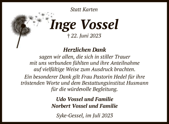 Traueranzeige von Inge Vossel von SYK