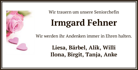 Traueranzeige von Irmgard Fehner von SYK