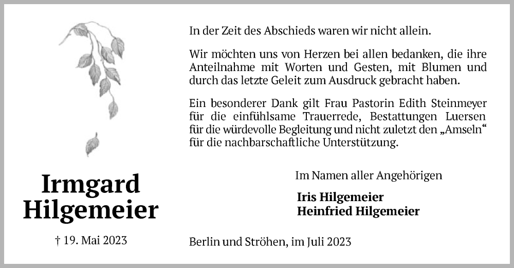  Traueranzeige für Irmgard Hilgemeier vom 07.07.2023 aus SYK