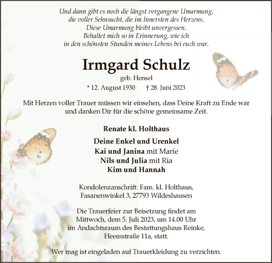 Traueranzeige von Irmgard Schulz von SYK