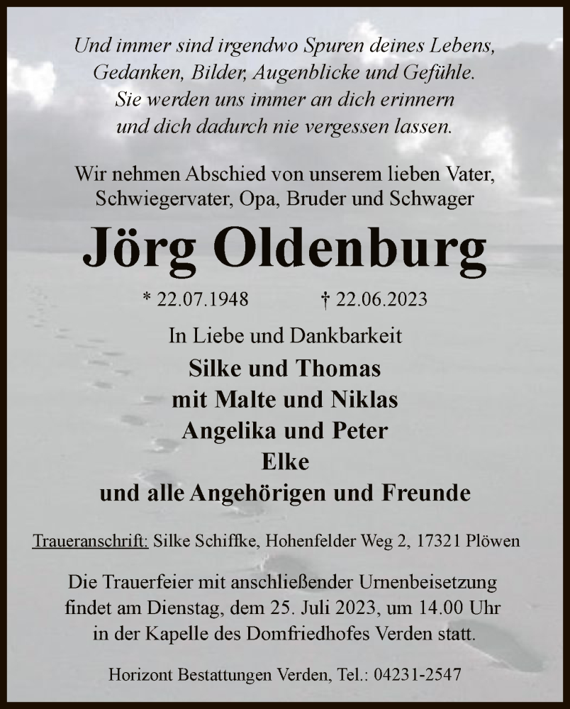  Traueranzeige für Jörg Oldenburg vom 19.07.2023 aus SYK
