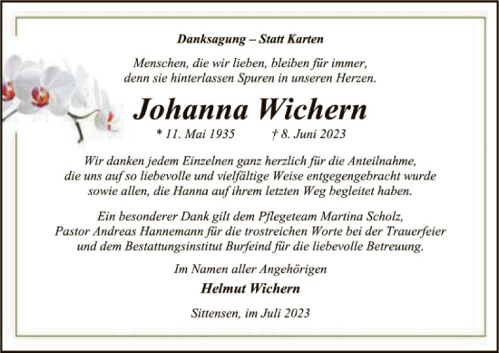 Traueranzeige von Johanna Wiehern von SYK