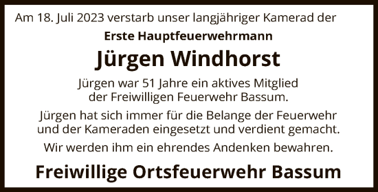 Traueranzeige von Jürgen Windhorst von SYK