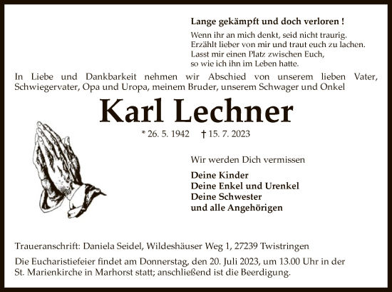 Traueranzeige von Karl Lechner von SYK