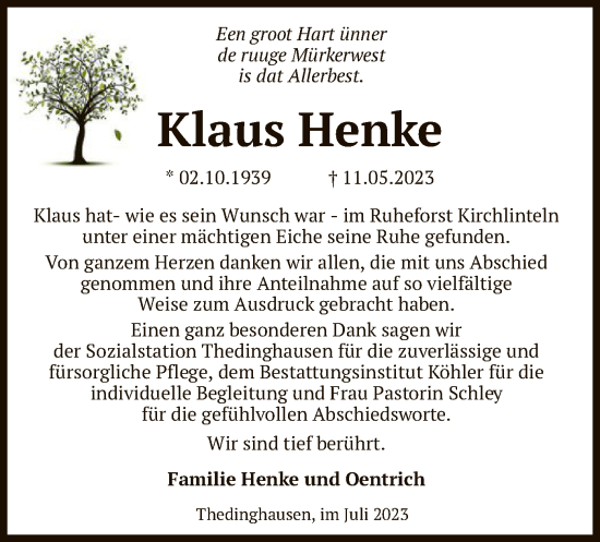 Traueranzeige von Klaus Henke von SYK