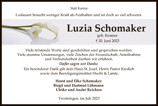 Traueranzeige von Luzia Schomaker von SYK