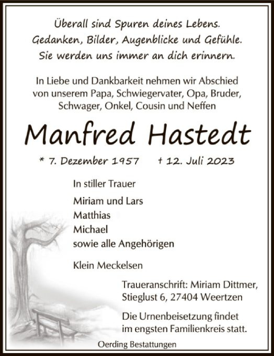 Traueranzeige von Manfred Hastedt von SYK