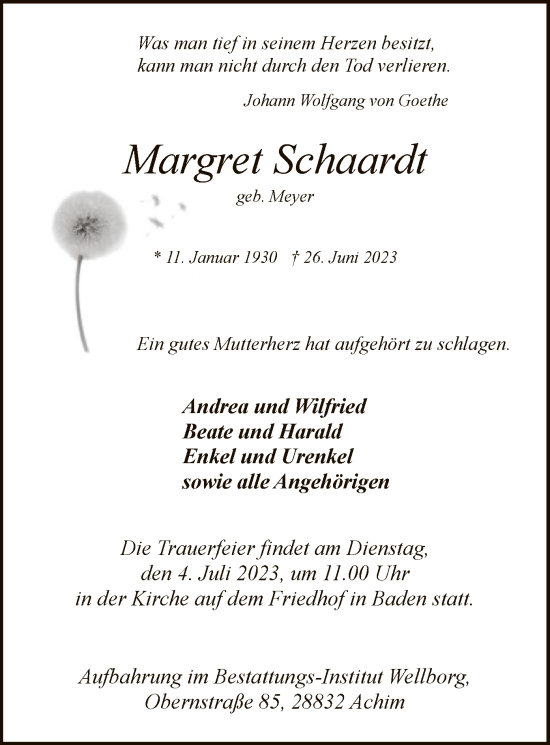 Traueranzeige von Margret Schaardt von SYK