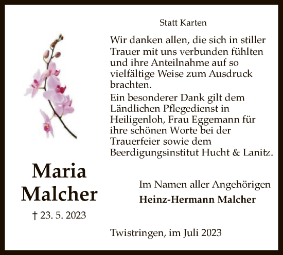 Traueranzeige von Maria Malcher von SYK