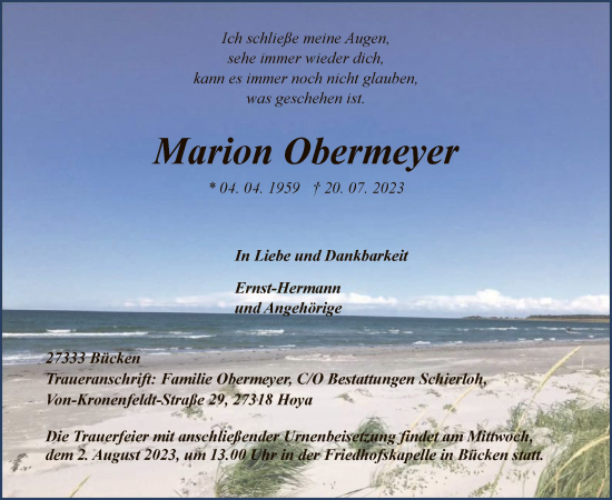 Traueranzeige von Marion Obermeyer von SYK