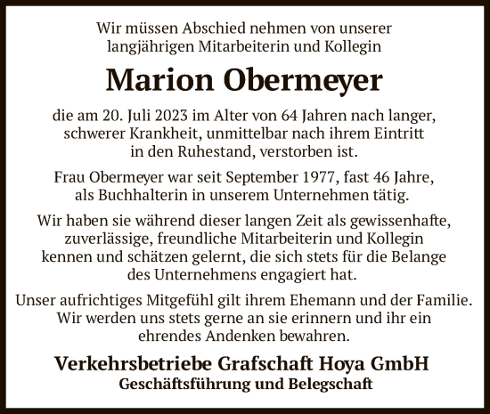 Traueranzeige von Marion Obermeyer von SYK