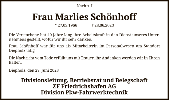 Traueranzeige von Marlies Schönhof von SYK