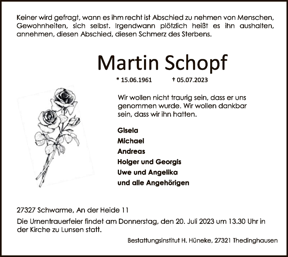  Traueranzeige für Martin Schopf vom 15.07.2023 aus SYK