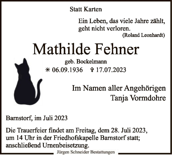 Traueranzeige von Mathilde Fehner von SYK