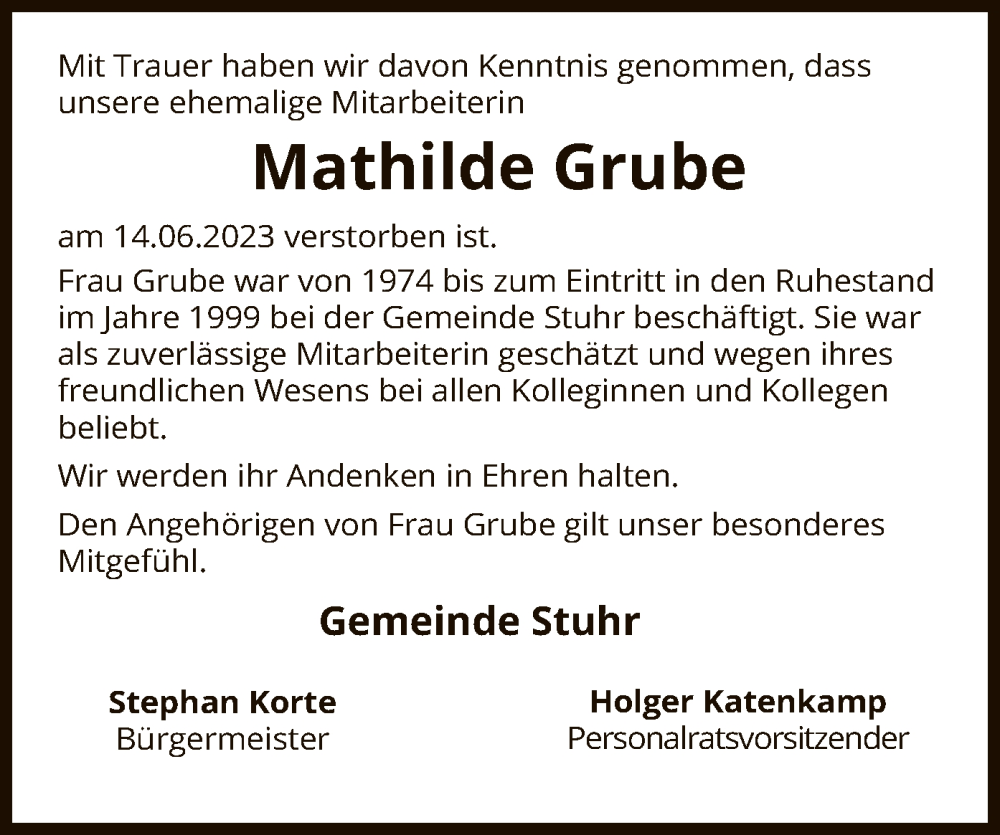  Traueranzeige für Mathilde Grube vom 04.07.2023 aus SYK