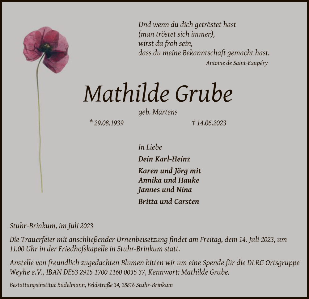  Traueranzeige für Mathilde Grube vom 01.07.2023 aus SYK