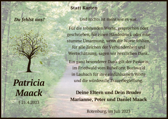 Traueranzeige von Patricia Maack von SYK