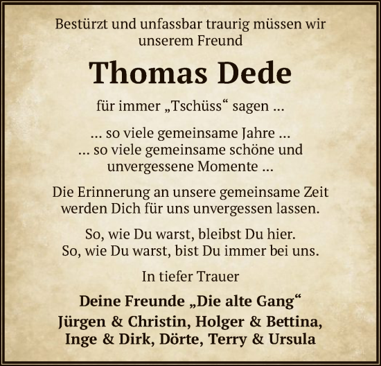 Traueranzeige von Thomas Dede von SYK