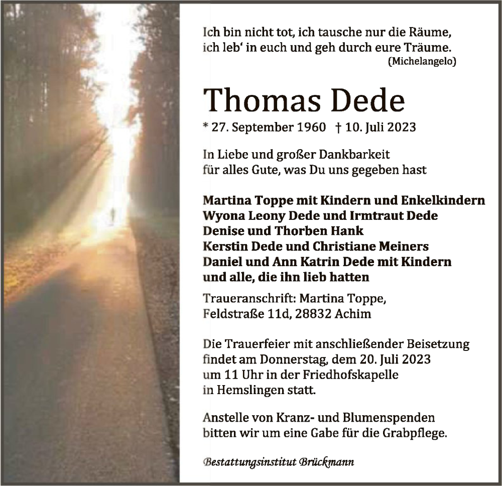  Traueranzeige für Thomas Dede vom 17.07.2023 aus SYK