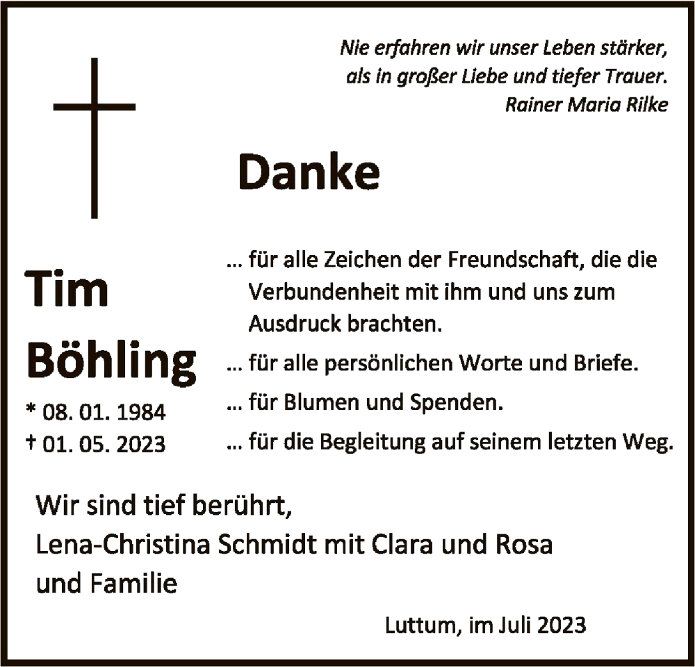  Traueranzeige für Tim Böhling vom 08.07.2023 aus SYK