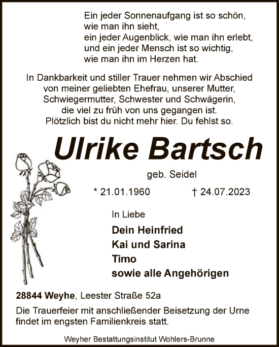 Traueranzeige von Ulrike Bartsch von SYK