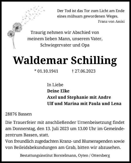 Traueranzeige von Waldemar Schilling von SYK