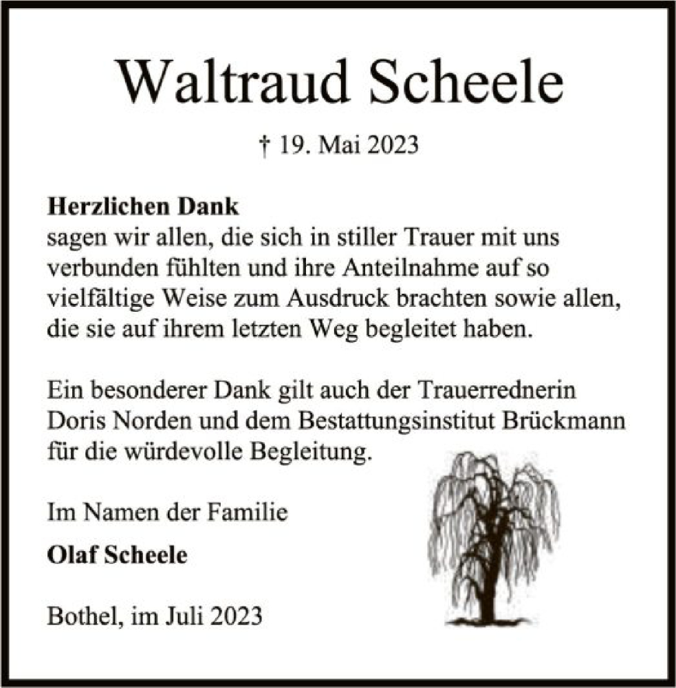  Traueranzeige für Waltraud Scheele vom 01.07.2023 aus SYK