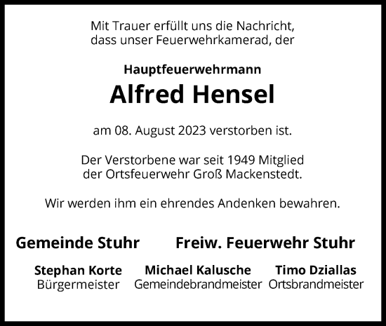 Traueranzeige von Alfred Hensel von SYK