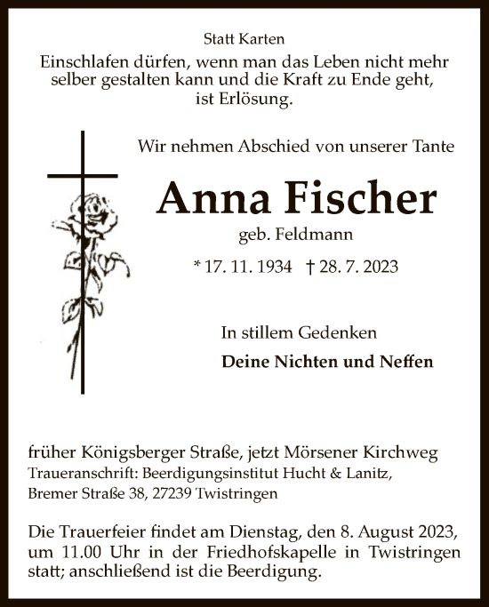 Traueranzeige von Anna Fischer von SYK