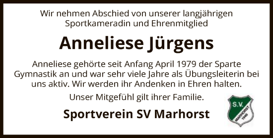 Traueranzeige von Anneliese Jürgens von SYK