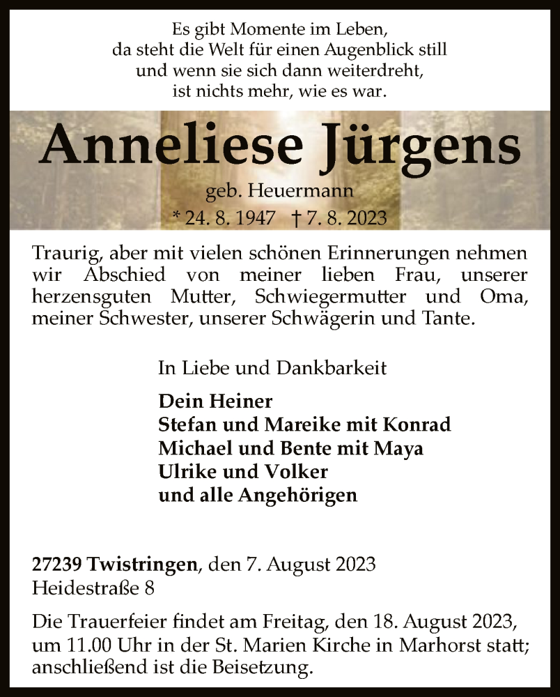  Traueranzeige für Anneliese Jürgens vom 12.08.2023 aus SYK