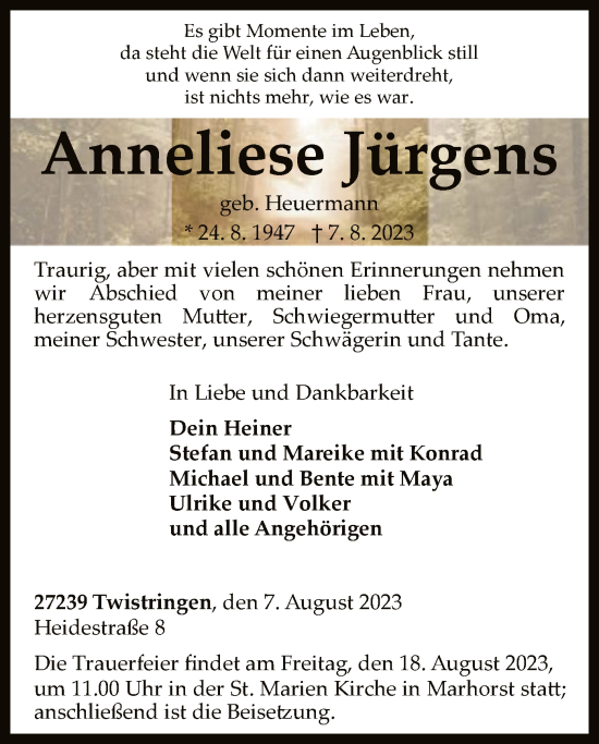 Traueranzeige von Anneliese Jürgens von SYK