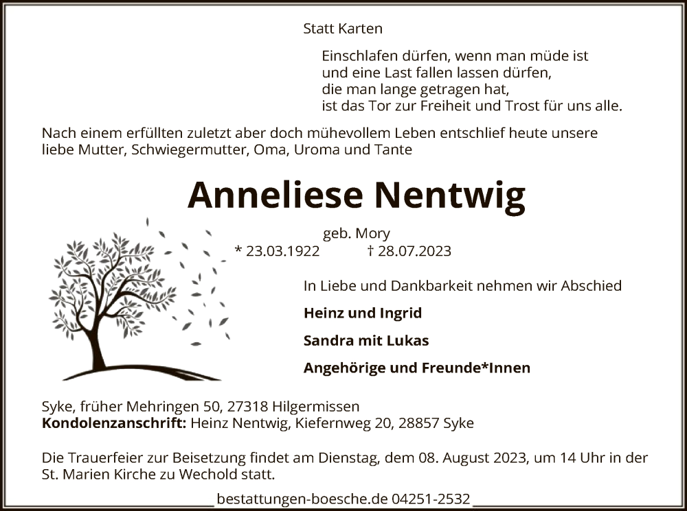  Traueranzeige für Anneliese Nentwig vom 03.08.2023 aus SYK