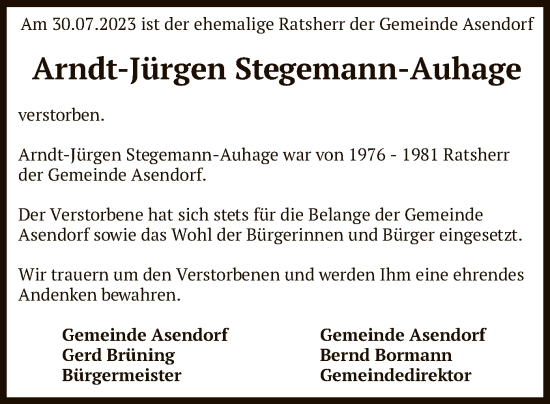 Traueranzeige von Arndt-Jürgen Stegemann-Auhage von SYK