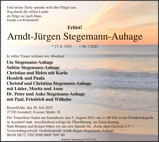 Traueranzeige von Arndt-Jürgen Stegemann-Auhage von SYK