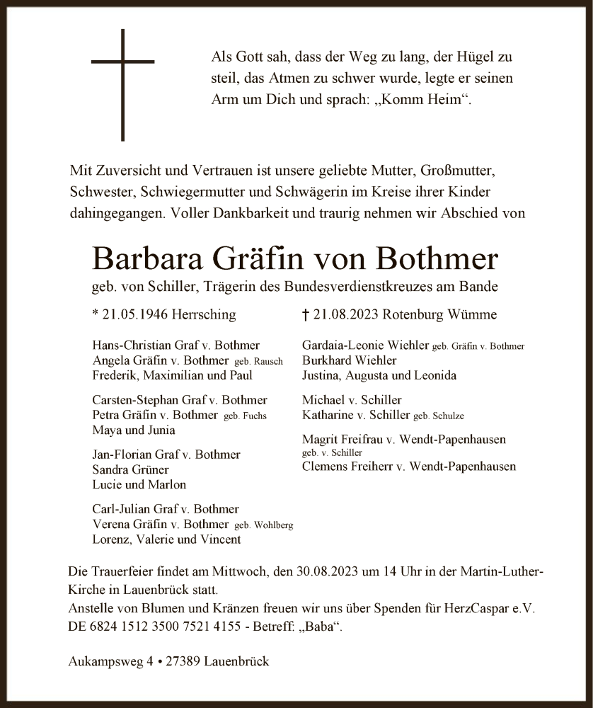  Traueranzeige für Barbara Gräfin von Bothmer vom 26.08.2023 aus SYKSYK