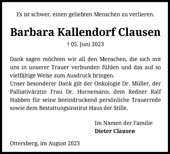 Traueranzeige von Barbara Kallendorf Clausen von SYK