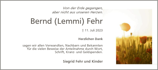 Traueranzeige von Bernd Fehr von SYK