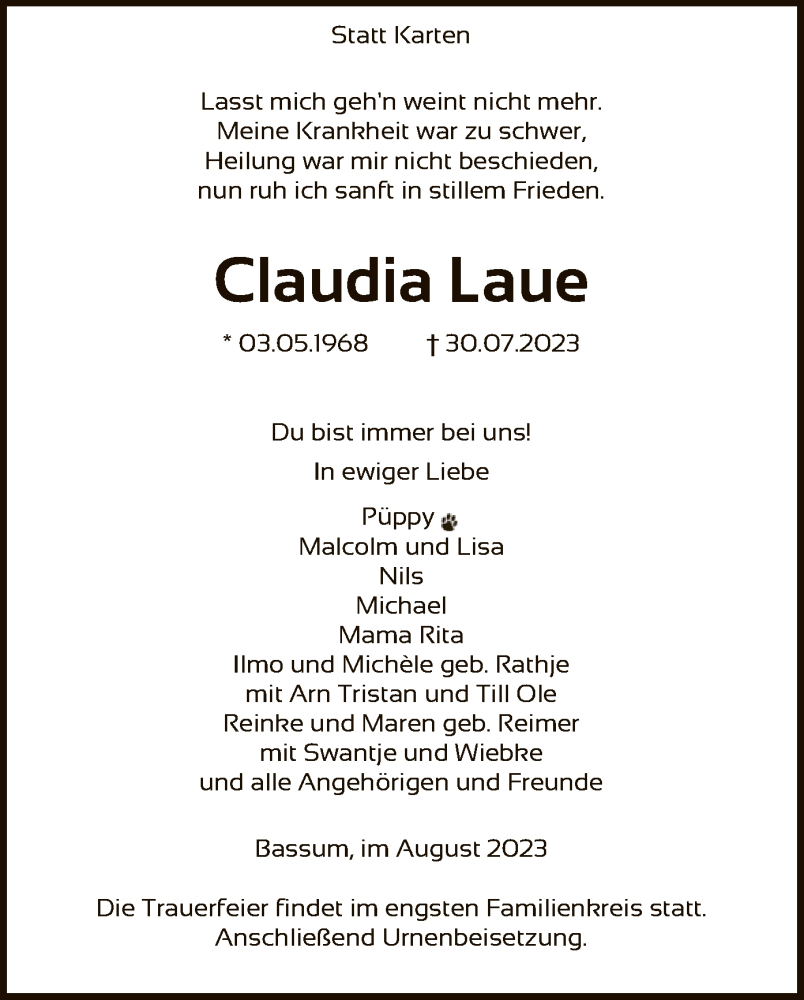  Traueranzeige für Claudia Laue vom 12.08.2023 aus SYK