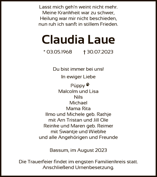 Traueranzeige von Claudia Laue von SYK